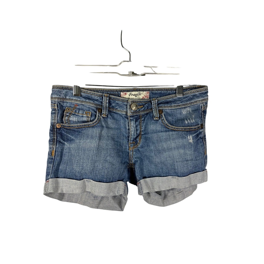 Fragile Blue Jeans Womens Denim Shorts‎ Distressed Cuffed Rolled Hem Size 3